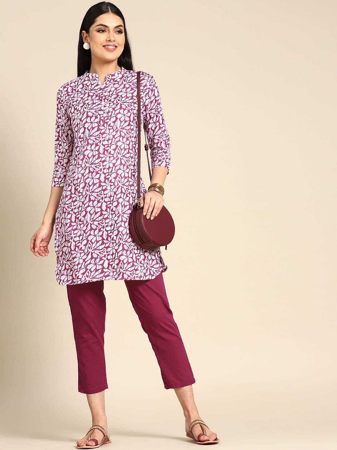 Anouk X fwd Women Burgundy & White Floral Print Regular Cotton Kurta with Trousers - view 1