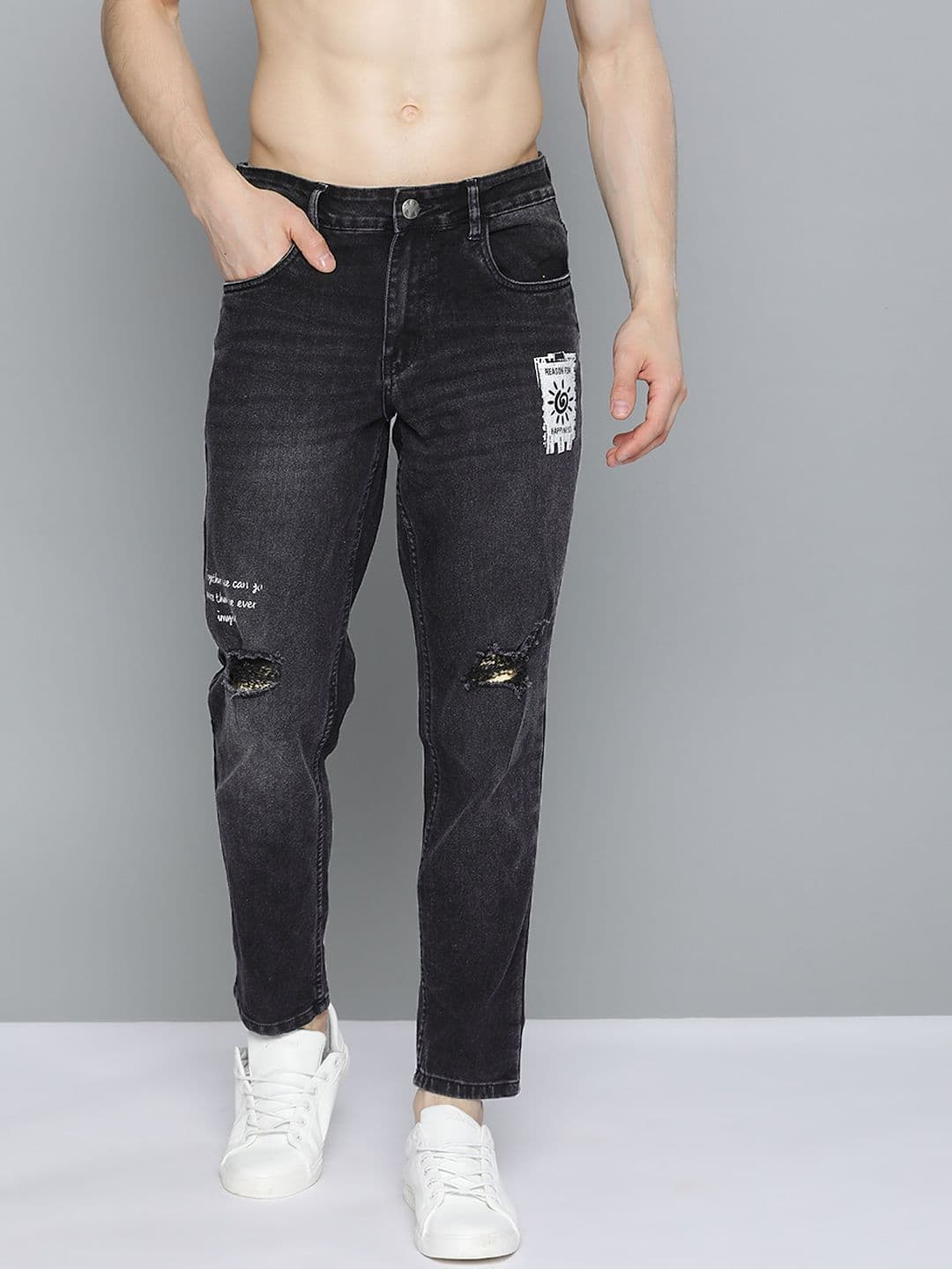 Kook N Keech Men Black Slash Knee Light Fade Stretchable Jeans - view 1