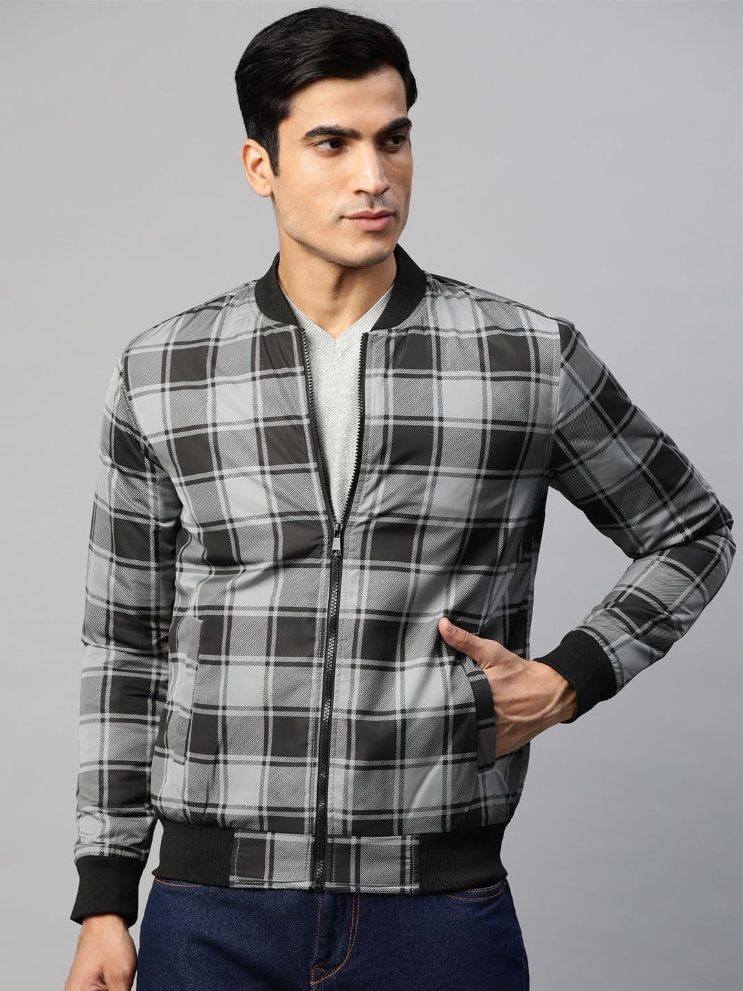 Pierre Carlo Men Grey & Black Checked Bomber Jacket - view 1
