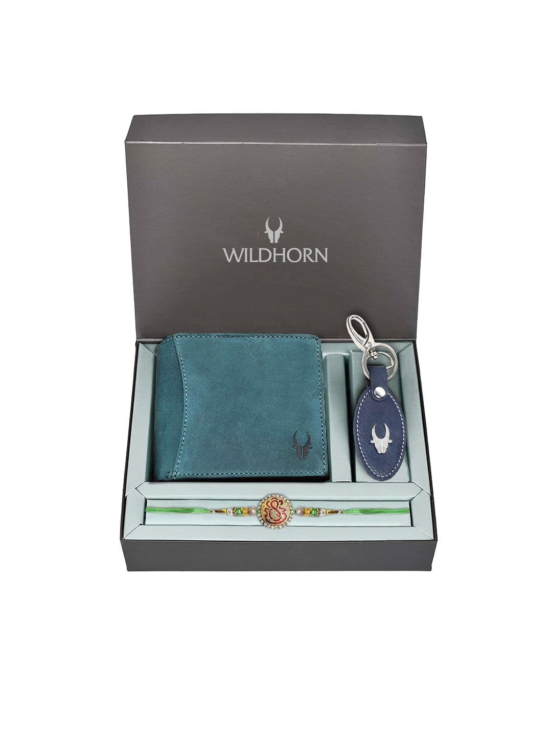WildHorn Blue Leather Wallet and Keychain with Rakhi Combo Gift Set - view 1