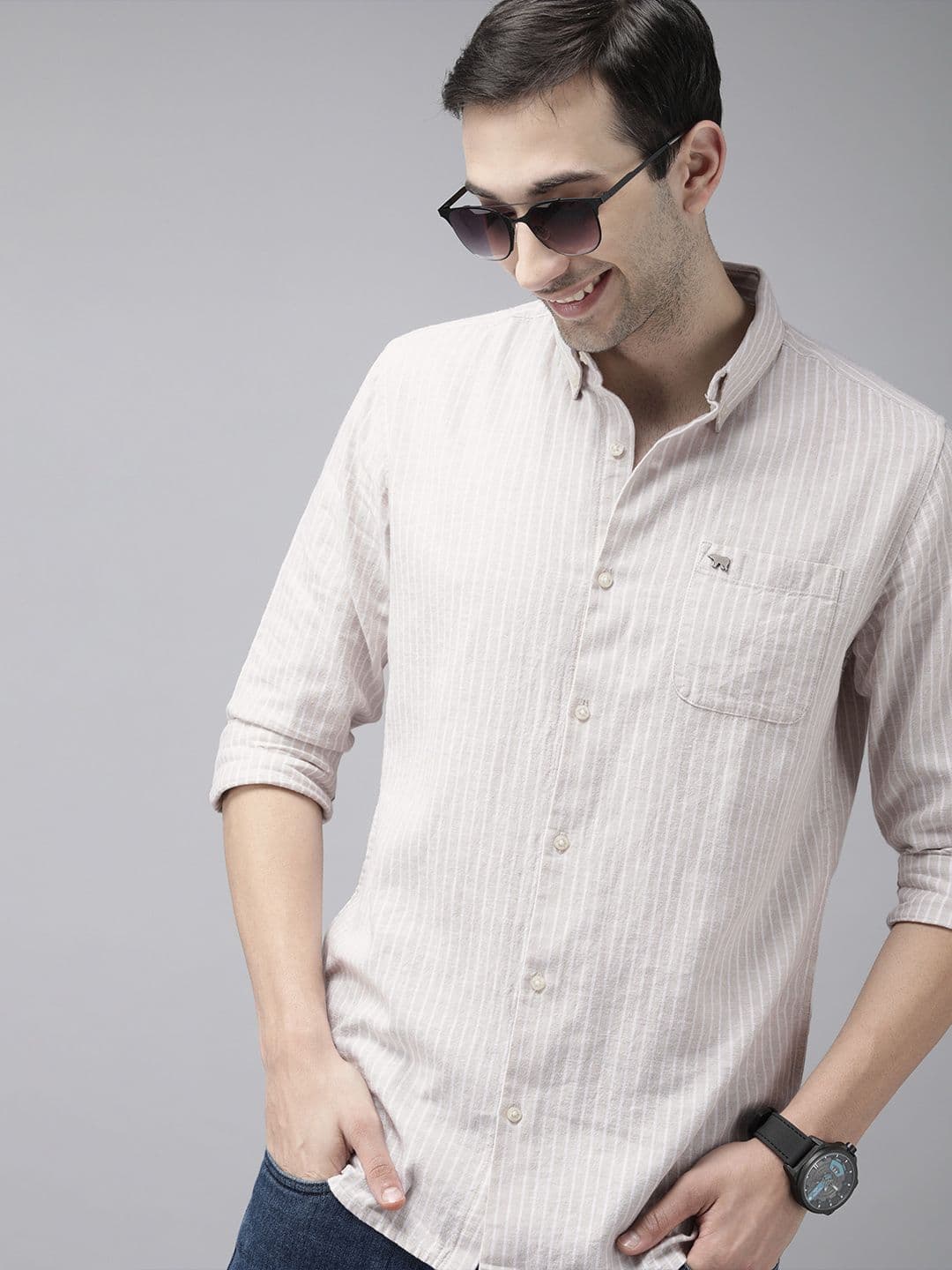 THE BEAR HOUSE Men Slim Fit Striped Cotton-Linen Casual Shirt - view 1