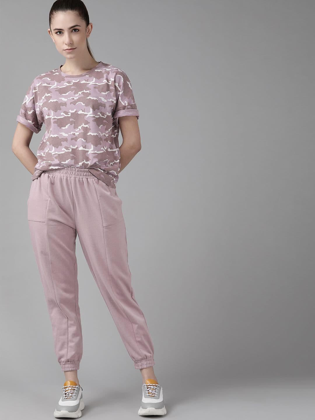 Roadster The Lifestyle Co. Women Lavender & White Camouflage Printed T-shirt with Joggers - view 1