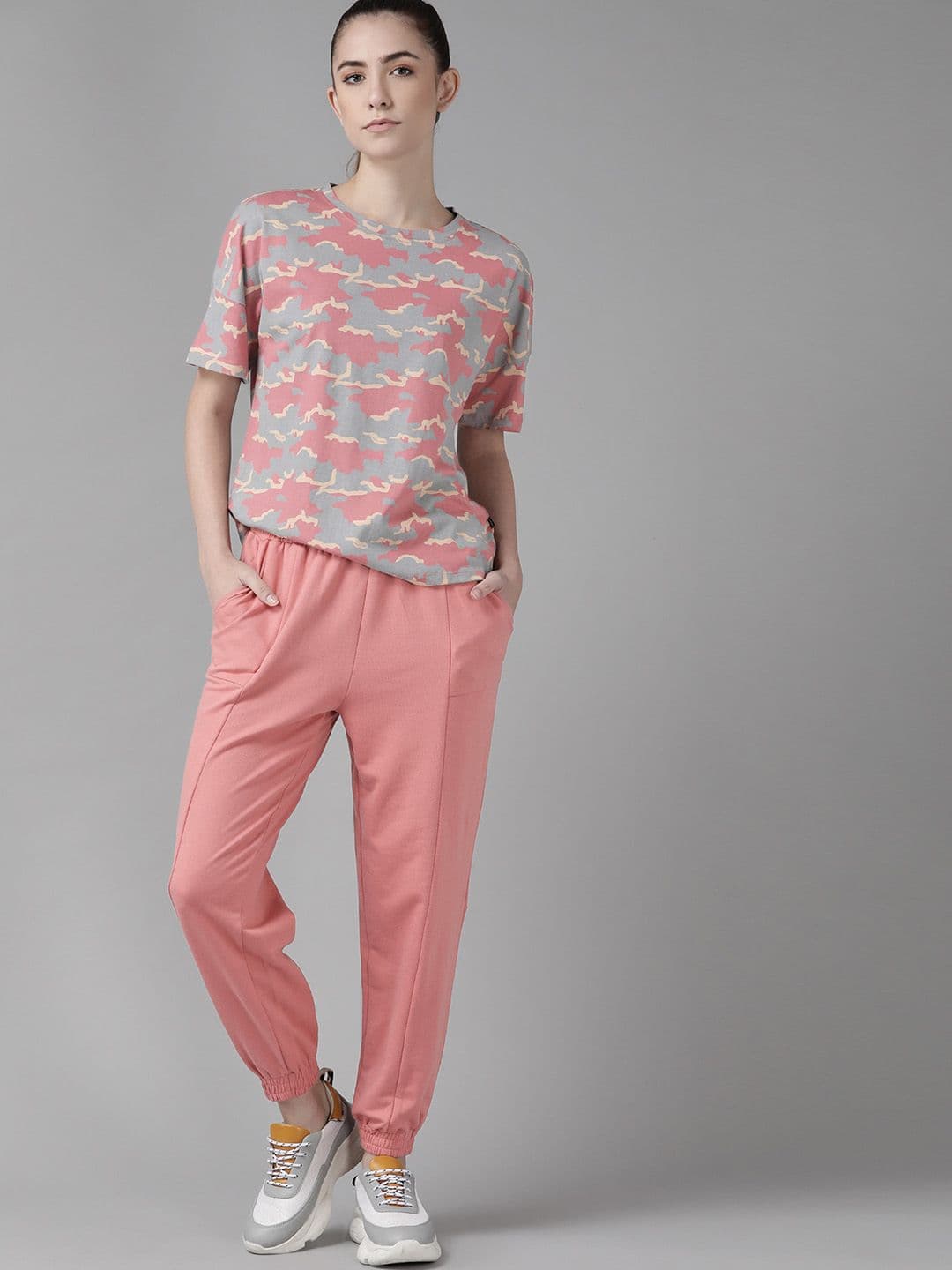 Roadster Women Pink & Grey Camouflage Printed T-shirt with Joggers - view 1