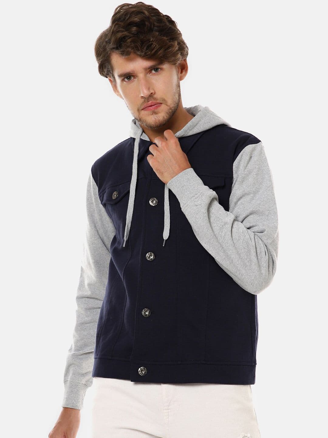 CAHOOT Men Navy Blue & Grey Colourblocked Hooded Denim Jacket - view 1