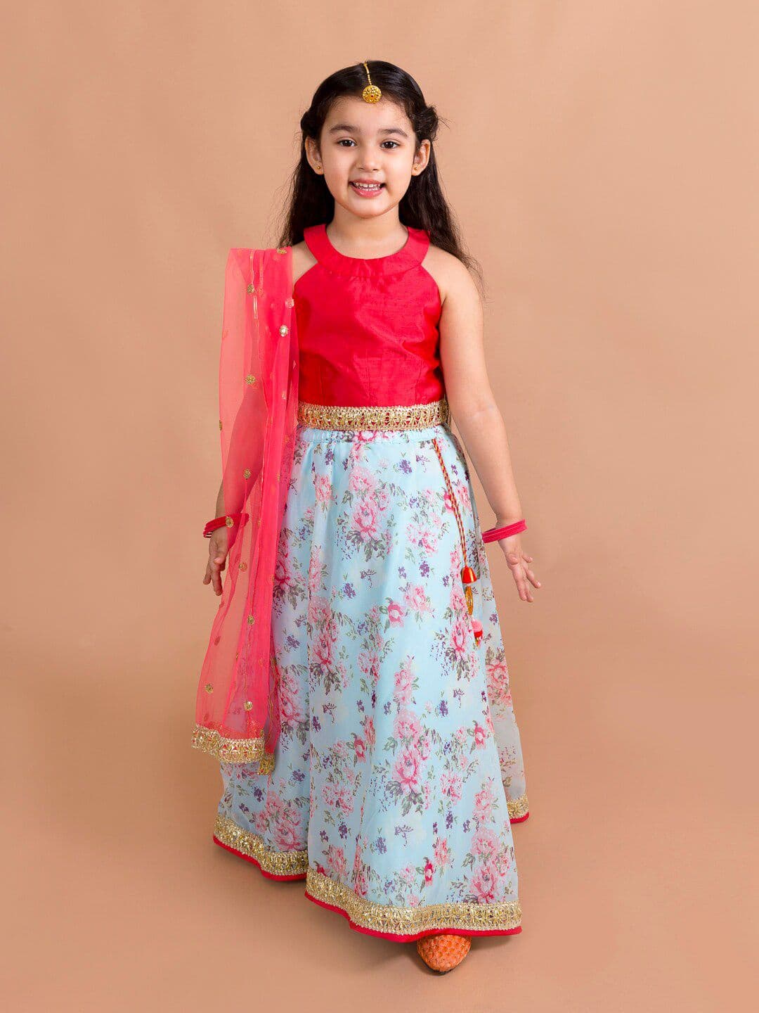Pspeaches Girls Red And Blue Floral Silk Lehenga Choli Dupatta Set - view 1