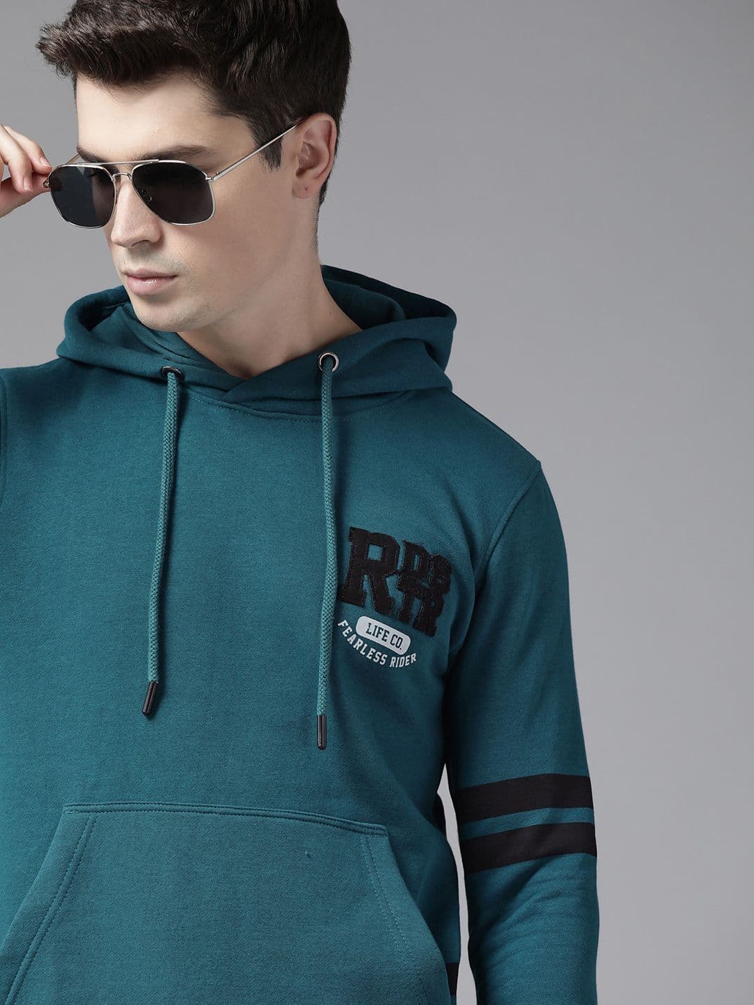 Roadster Men Teal Blue Printed Applique Hooded Sweatshirt - view 1