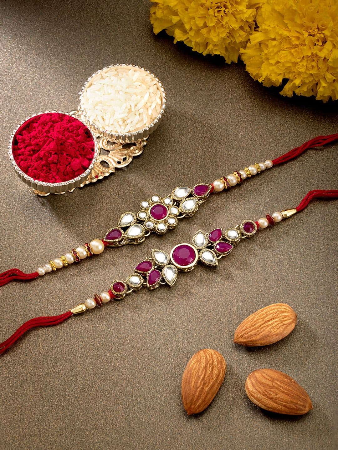 Peora Set of 2 Handmade Kundan Rakhi with Raksha Bandhan Greeting Card & Roli Chawal - view 1