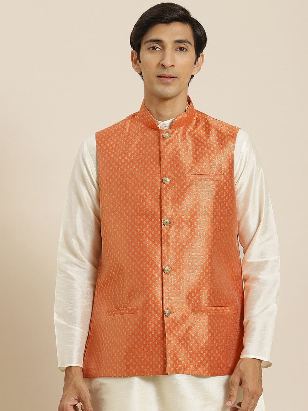 SOJANYA Men Orange & Golden Self Design Nehru Jacket - view 1