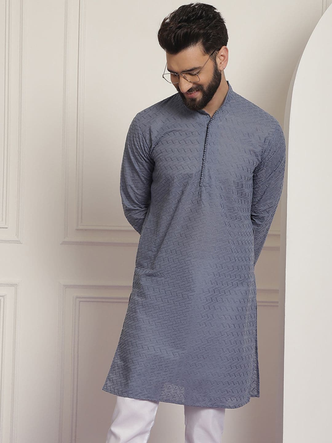 SOJANYA Men Grey Ethnic Motifs Embroidered Cotton Straight Kurta - view 1