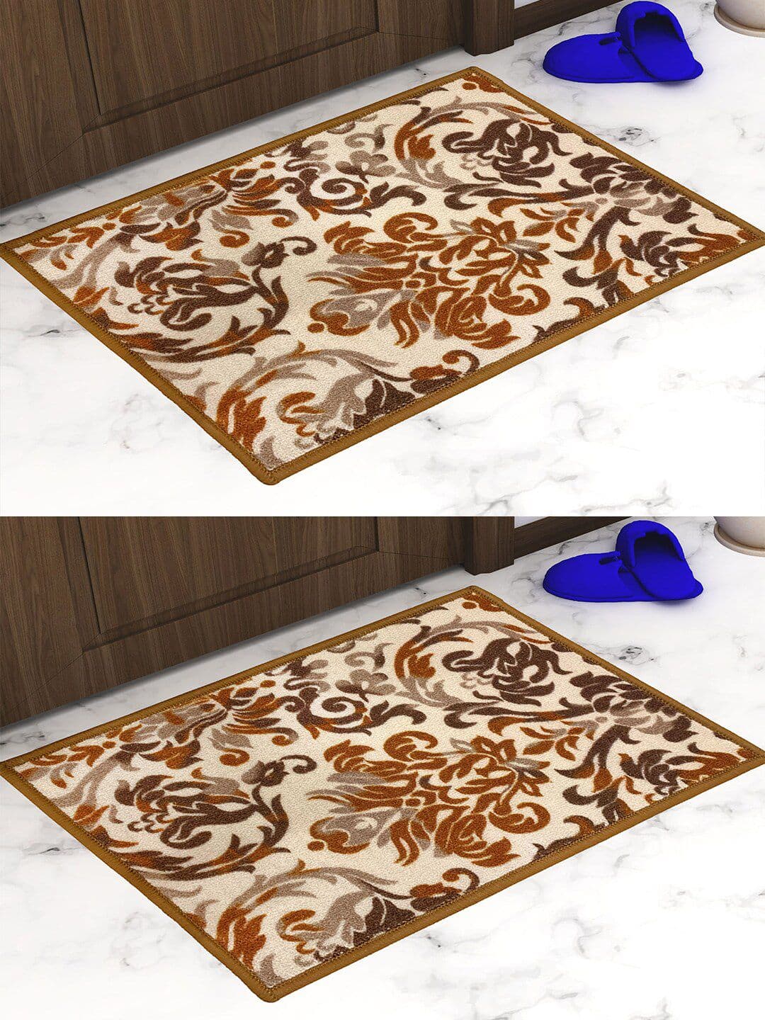 Athom Trendz Cream & Brown Set of 2 Floral Printed Anti Slip Doormat 57x37cm - view 1