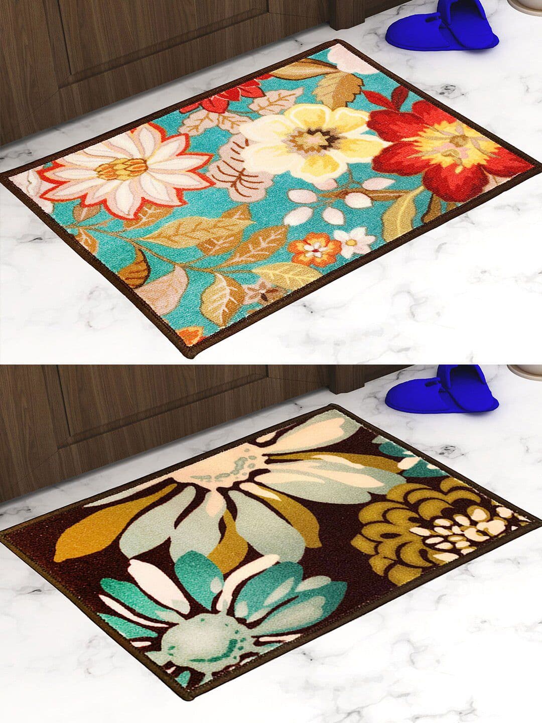 Athom Trendz Brown & Green Set of 2 Floral Printed Anti Slip Doormat 57x37cm - view 1