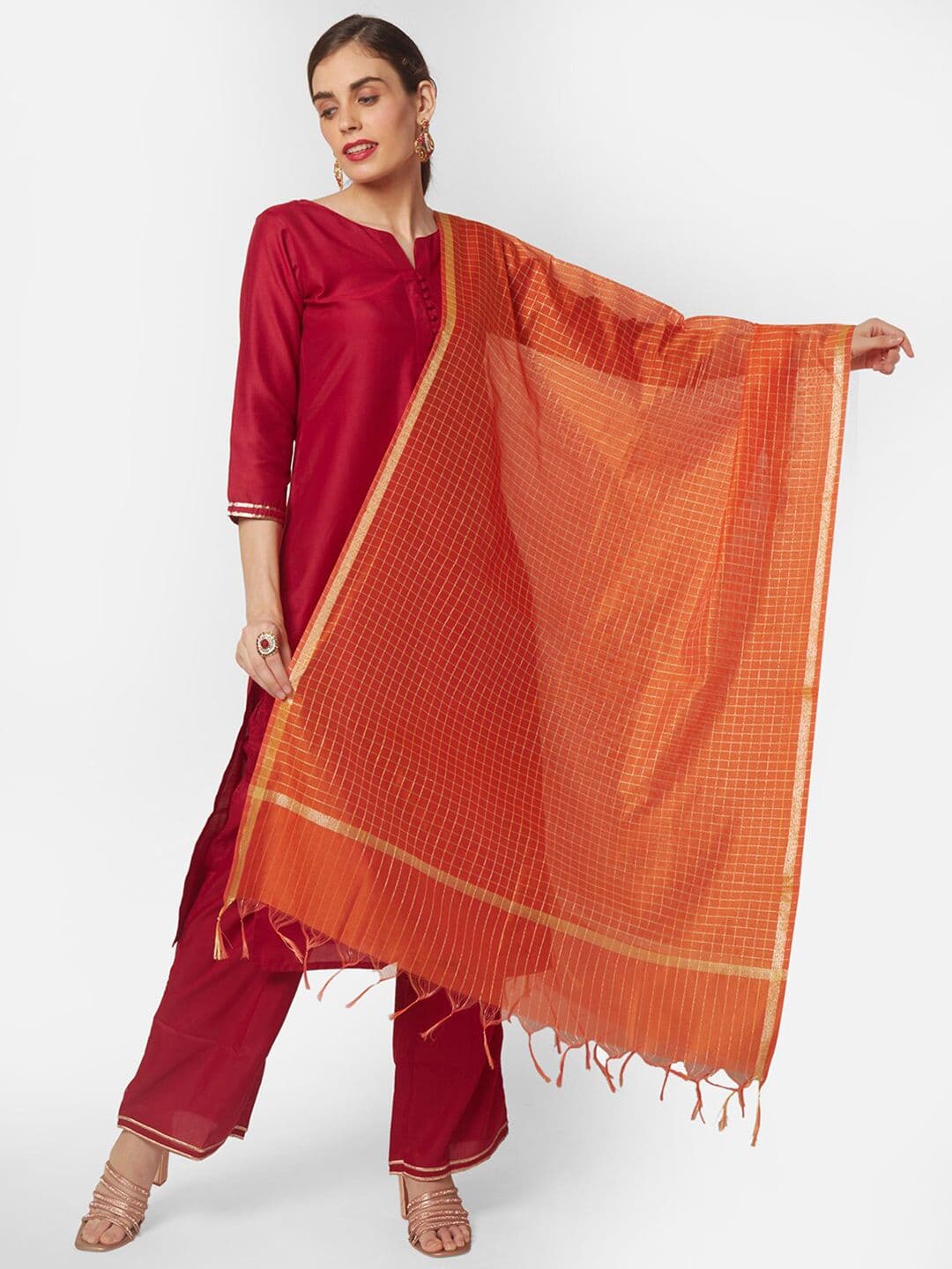 Dupatta Bazaar Orange & Gold-Toned Checked Dupatta - view 1