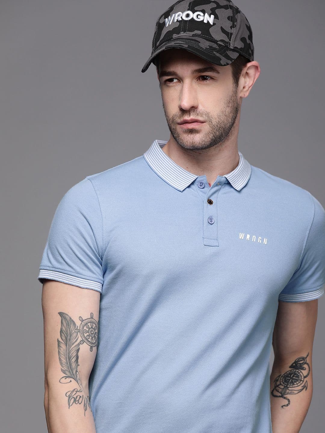 WROGN Men Blue Solid Slim Fit Polo Collar T-shirt - view 1