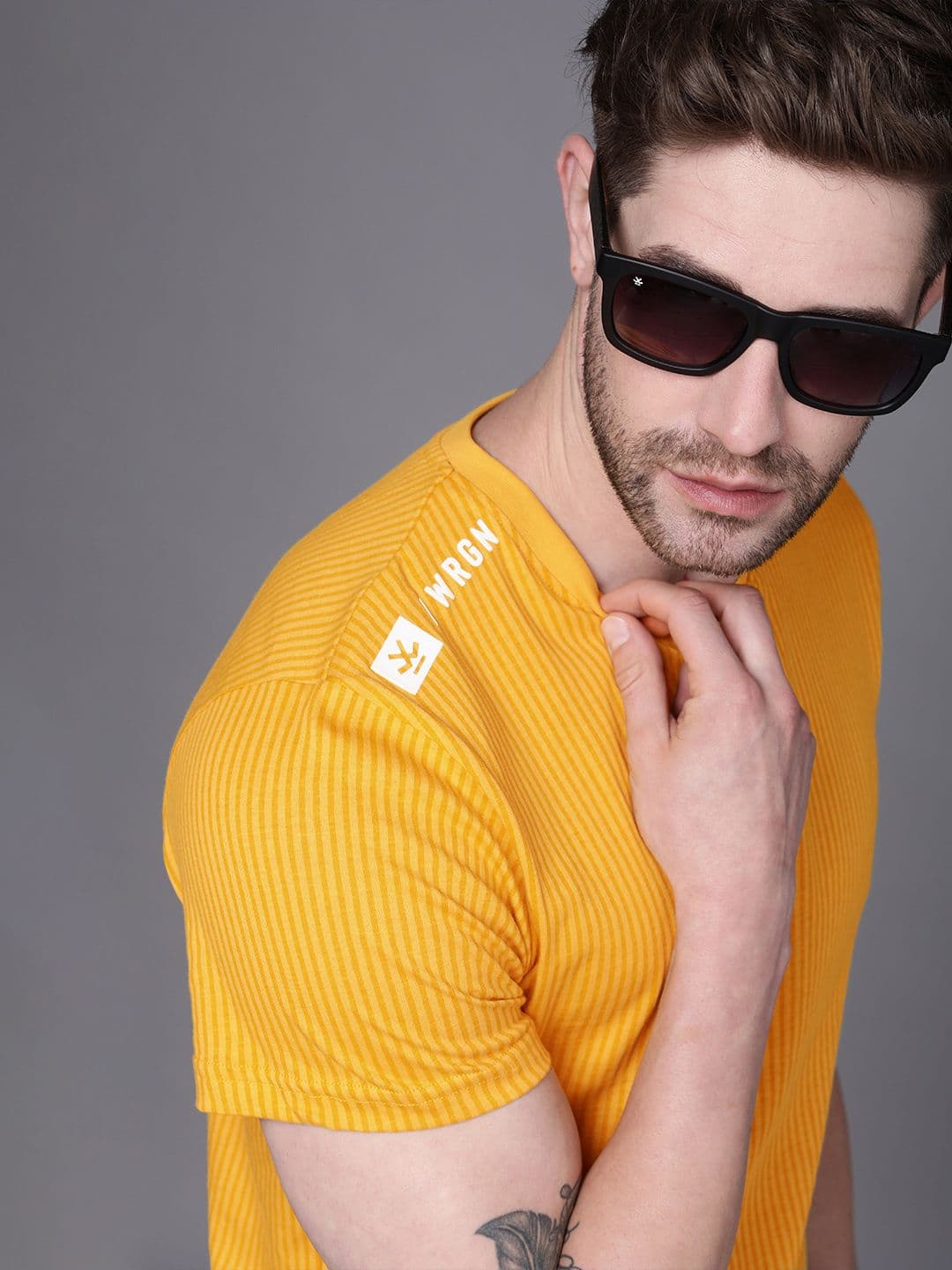 WROGN Men Yellow Striped Slim Fit Pure Cotton T-shirt - view 1