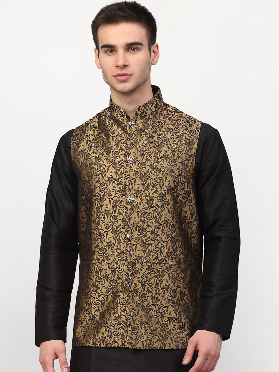 Jompers Men Gold-Toned & Black Woven-Design Nehru Jacket - view 1