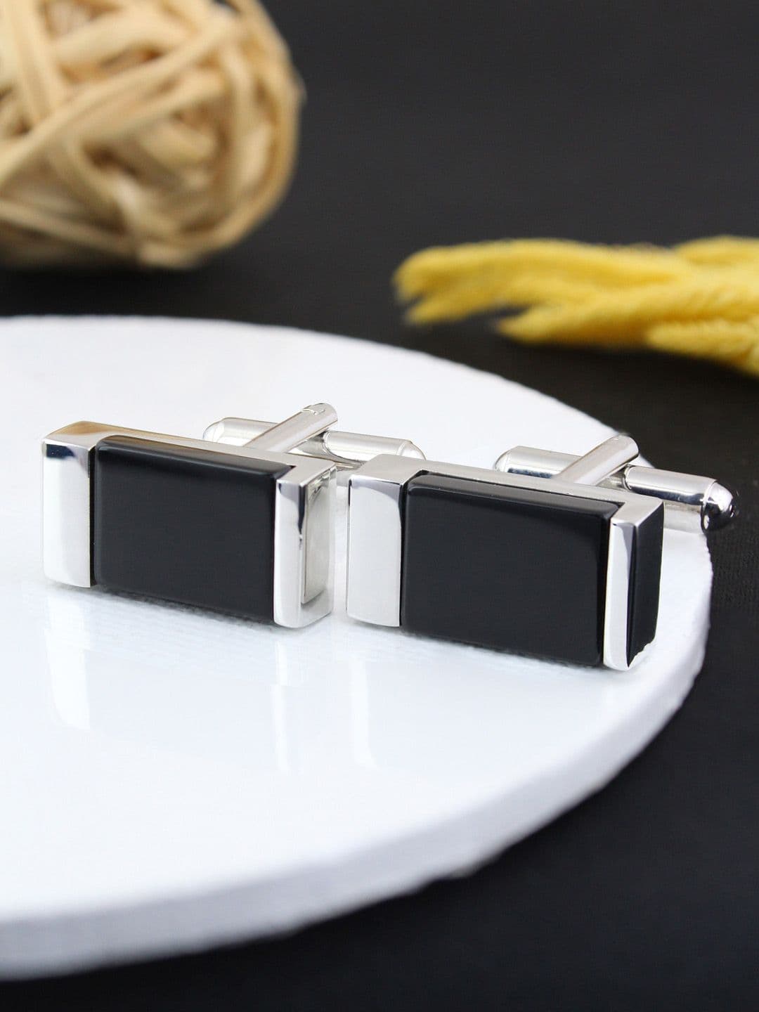 PELUCHE Men Silver-Toned & Black Rectangular Cufflink - view 1