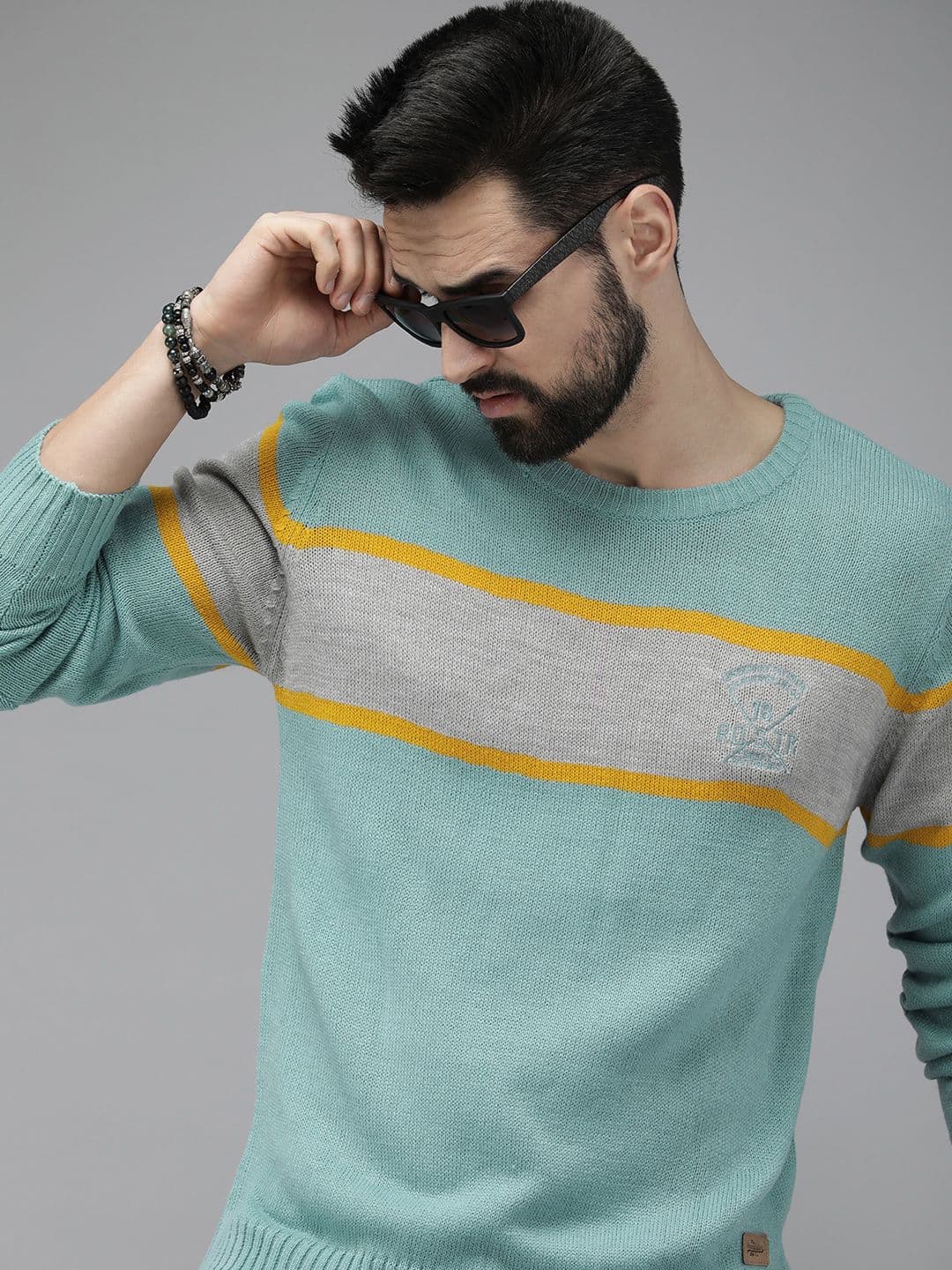 Roadster Men Blue & Grey Colourblocked Acrylic Pullover with Brand Logo Embroidered Detail - view 1