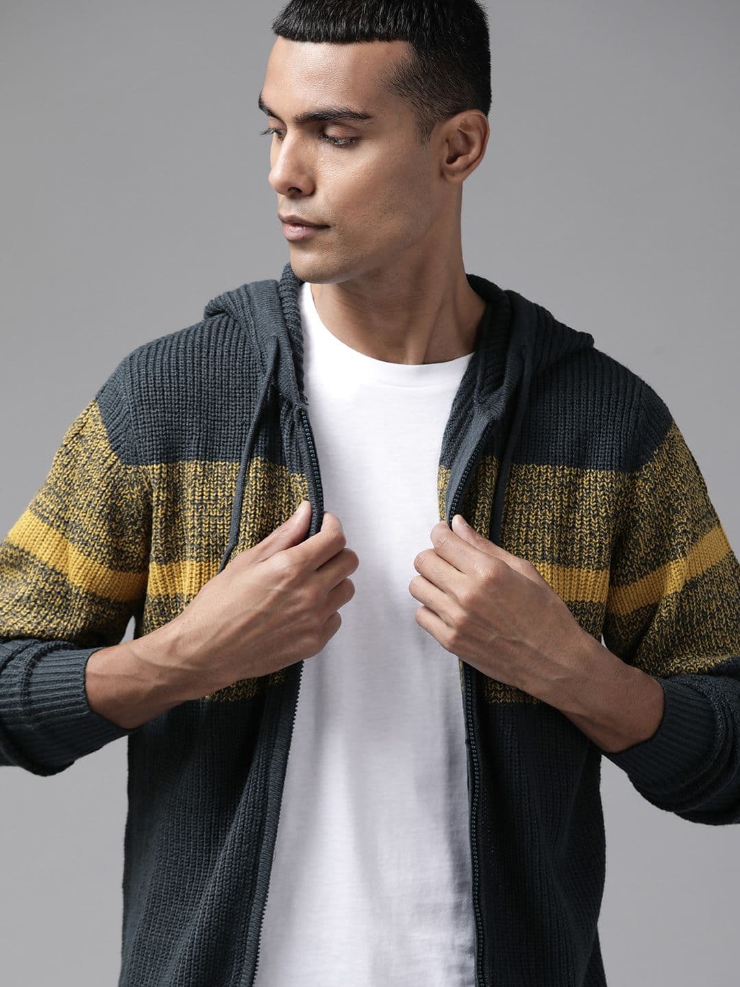 Roadster Men Navy Blue & Mustard Yellow Striped Hooded Cardigan - view 1