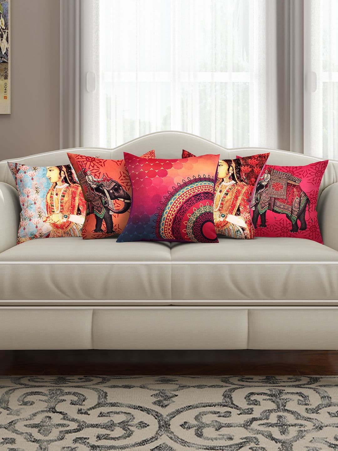 SEJ by Nisha Gupta Multicoloured Set of 5 Printed 16" x 16" Square Cushion Covers - view 1