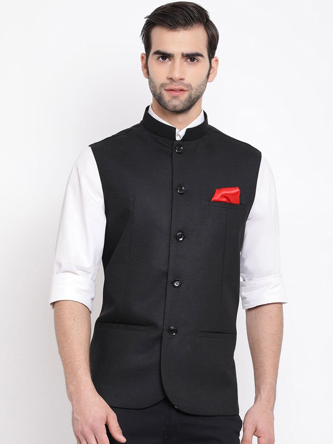 VASTRAMAY Men Black Solid Slim-Fit Woven Nehru Jacket - view 1