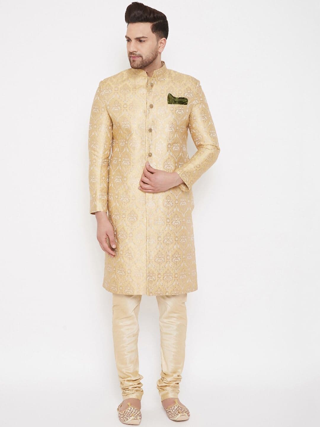 VASTRAMAY Men Gold-Coloured & White Brocade Slim-Fit Sherwani Set - view 1