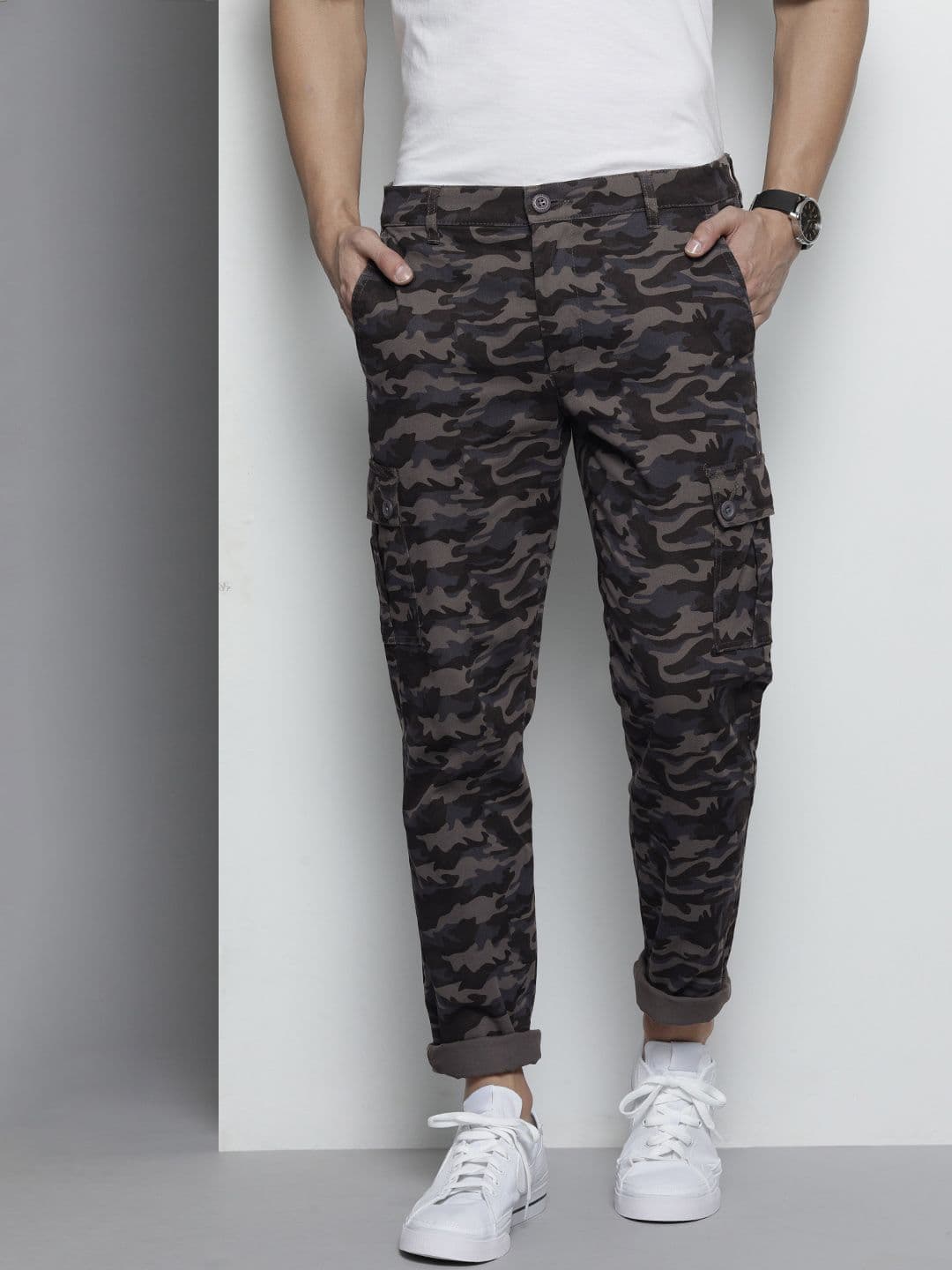 The Indian Garage Co Men Grey Camouflage Printed Slim Fit Trousers - view 1