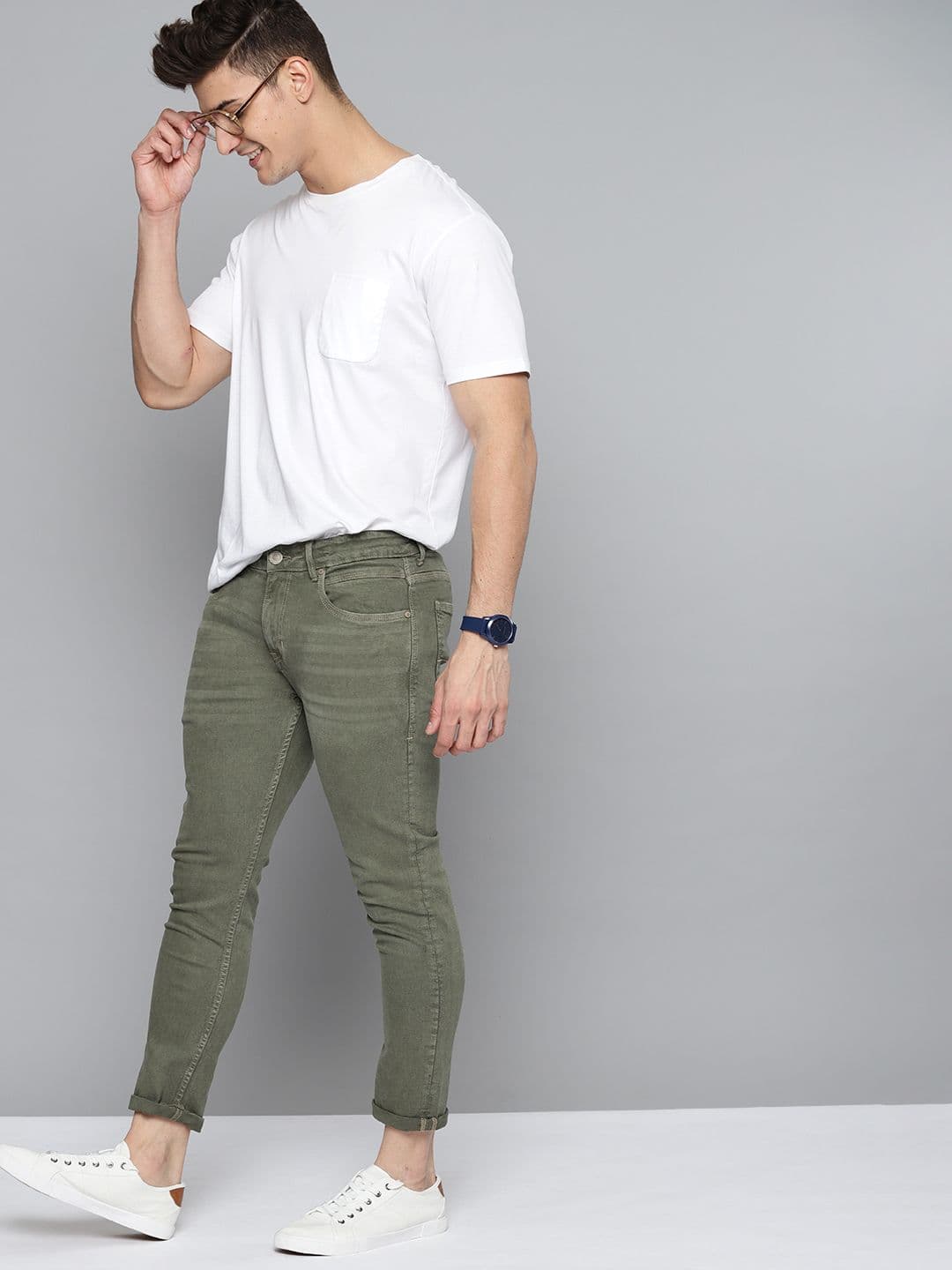 Mast & Harbour Men Green Skinny Fit Cropped Stretchable Jeans - view 1