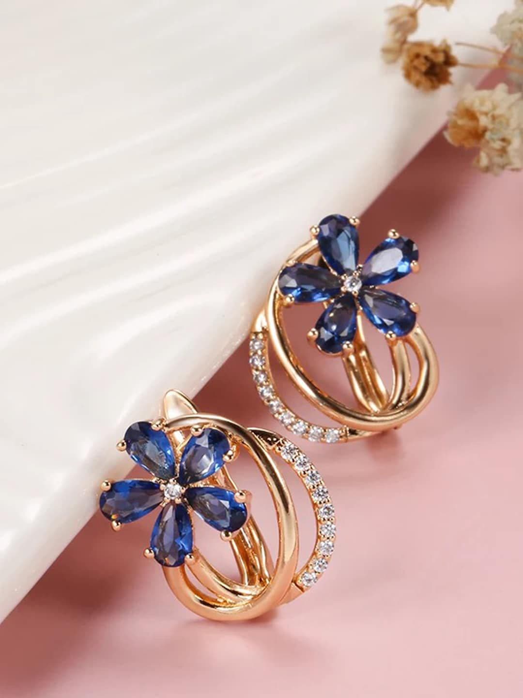Shining Diva Fashion Rose Gold-Plated Blue Floral Studs Earrings - view 1