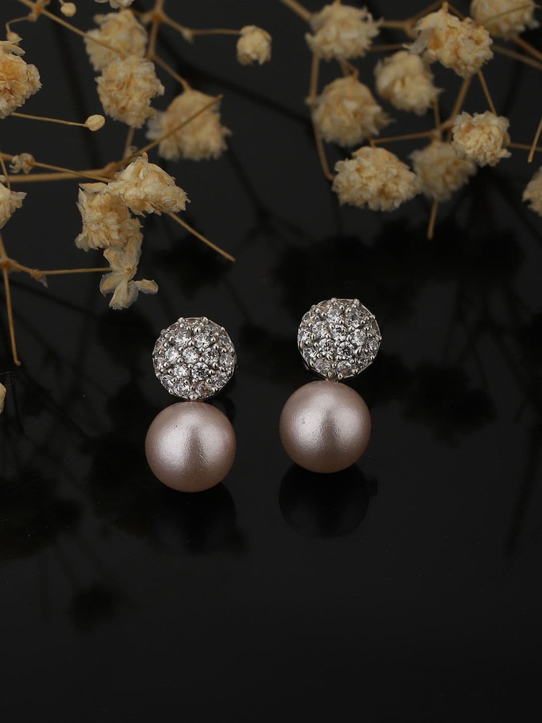 Carlton London Rhodium Plated Cubic Zirconia Studded & Pearls Beaded Drop Earrings - view 1