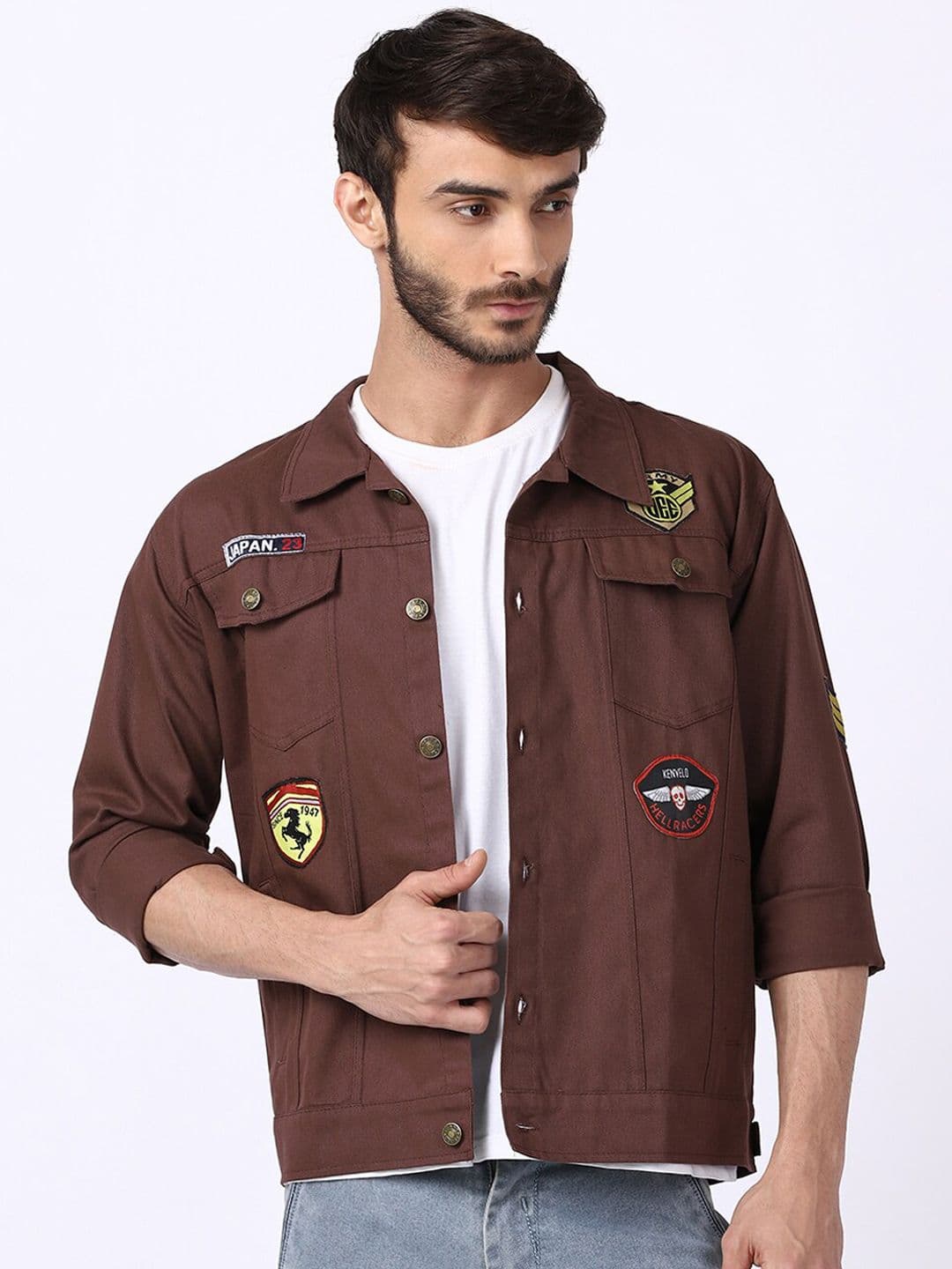 VOXATI Men Brown Denim Jacket with Patchwork - view 1