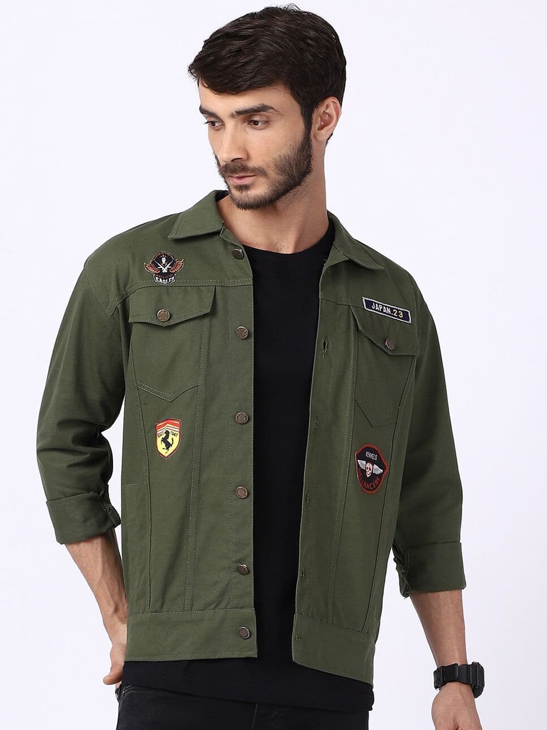 VOXATI Men Olive Green Denim Jacket with Patchwork - view 1