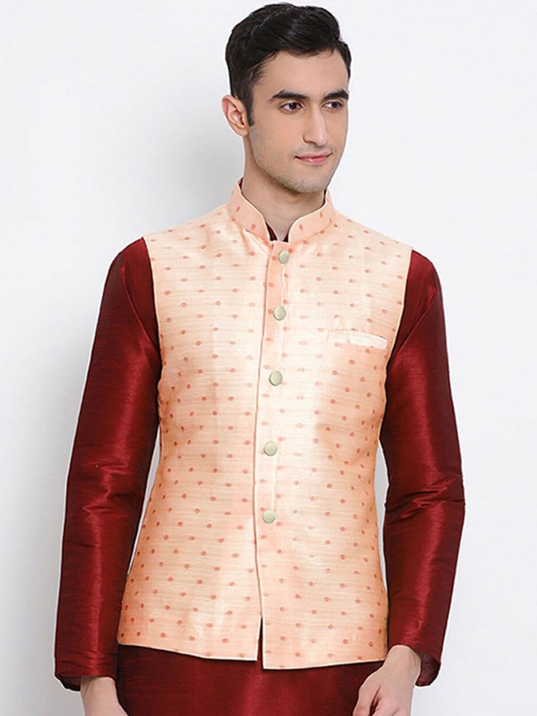 Sanwara Men Peach Woven Design Nehru Jacket - view 1