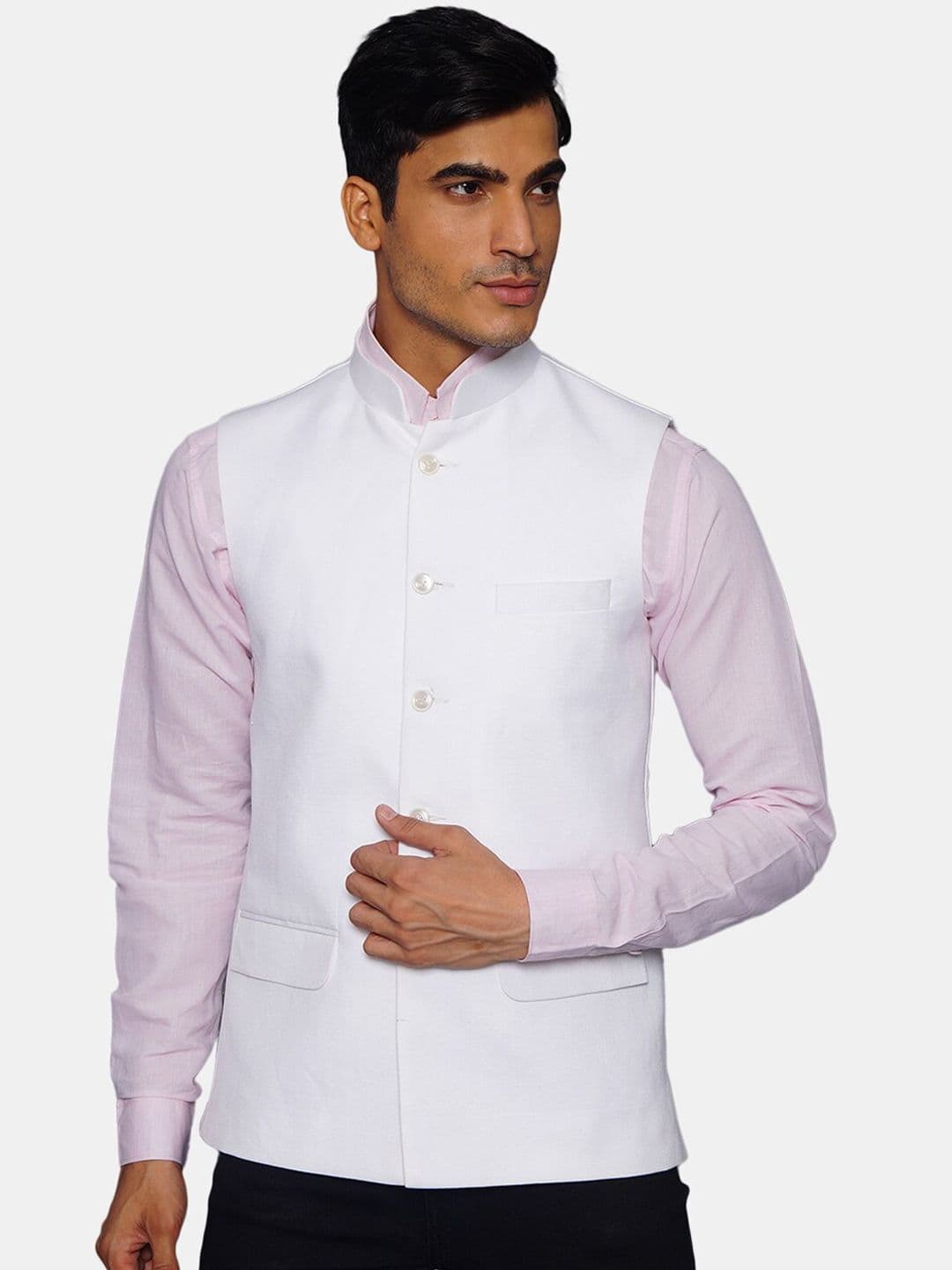 Wintage Men White Solid Woven Nehru Jacket - view 1