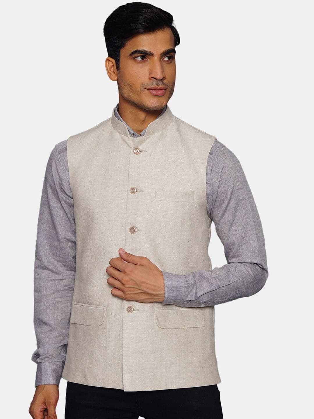 Wintage Men Cream Coloured Solid Woven Nehru Jacket - view 1
