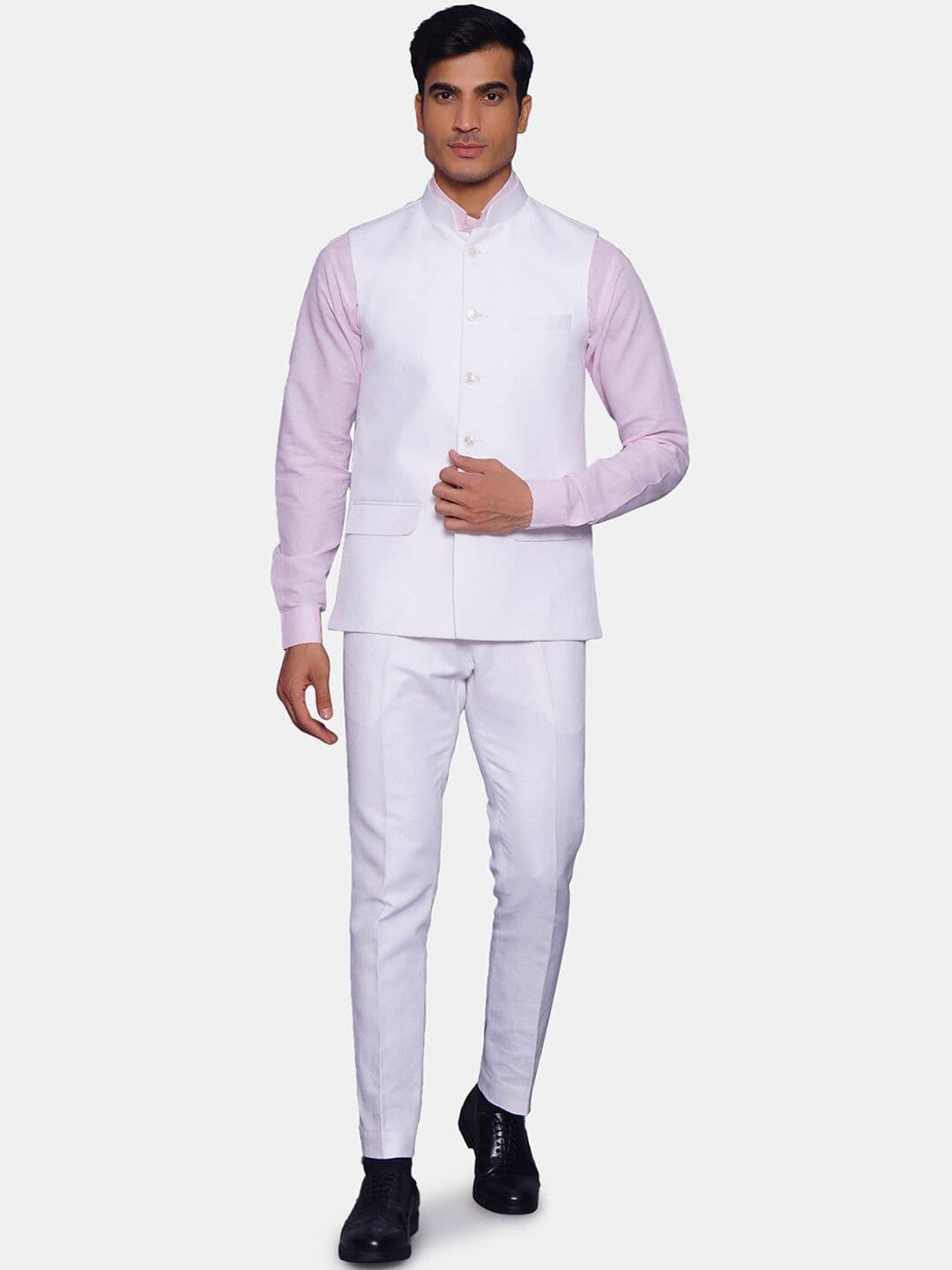 Wintage Men White Solid Bandhgala Two-Piece Formal Suit - view 1