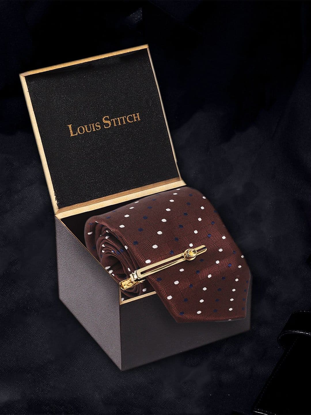 LOUIS STITCH Men Brown Polka Italian Silk Necktie Accessory Gift Set - view 1
