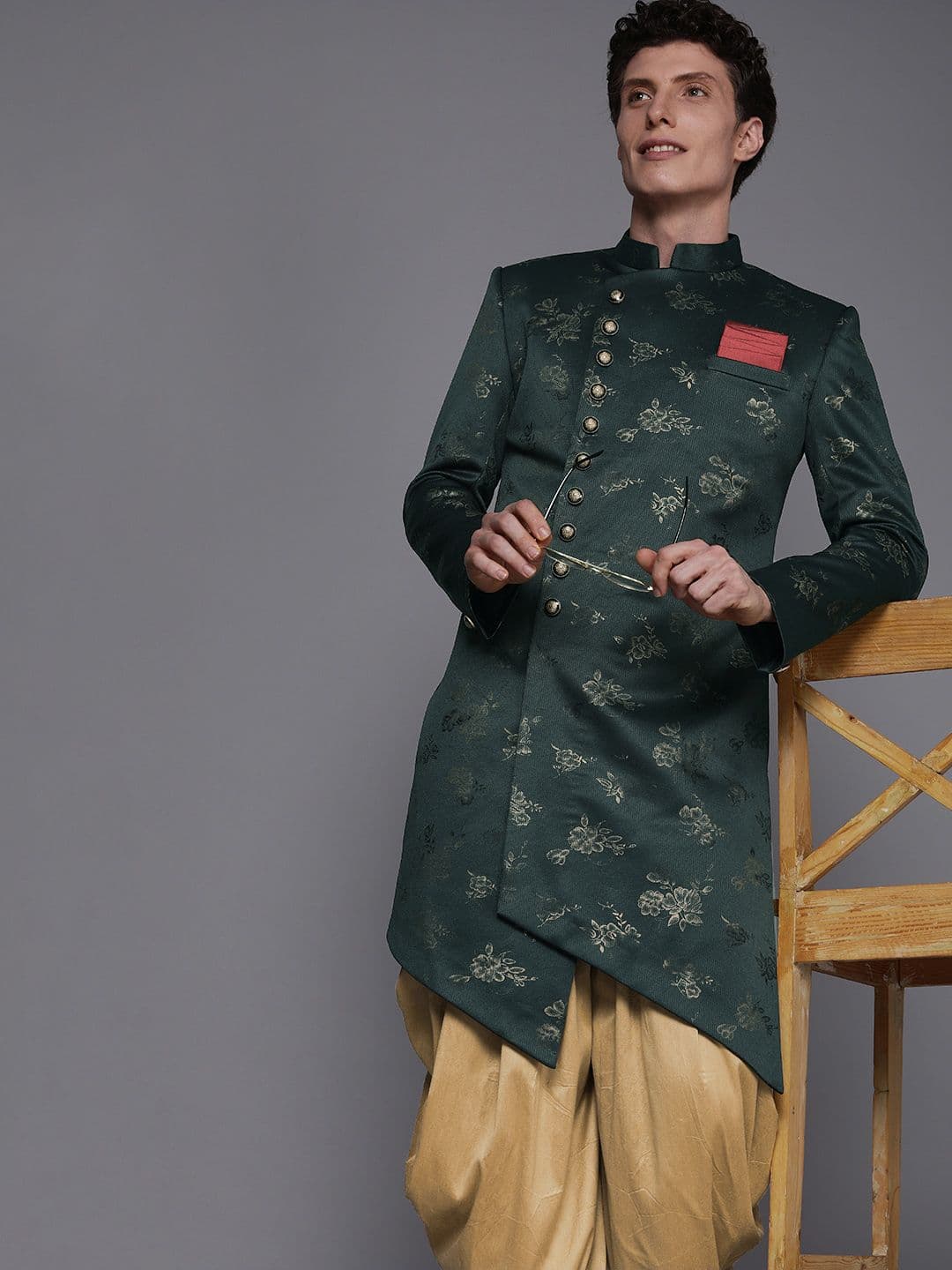 Manyavar Men Green & Beige Floral Printed Sherwani and Patiala Set - view 1
