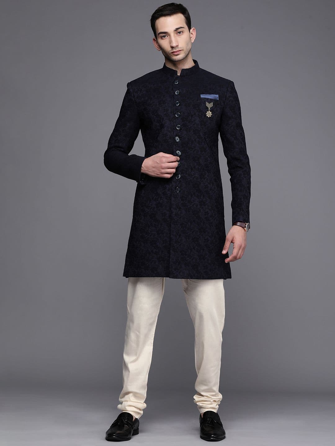 Manyavar Men Navy Blue & White Floral Printed Sherwani and Churidar Set - view 1