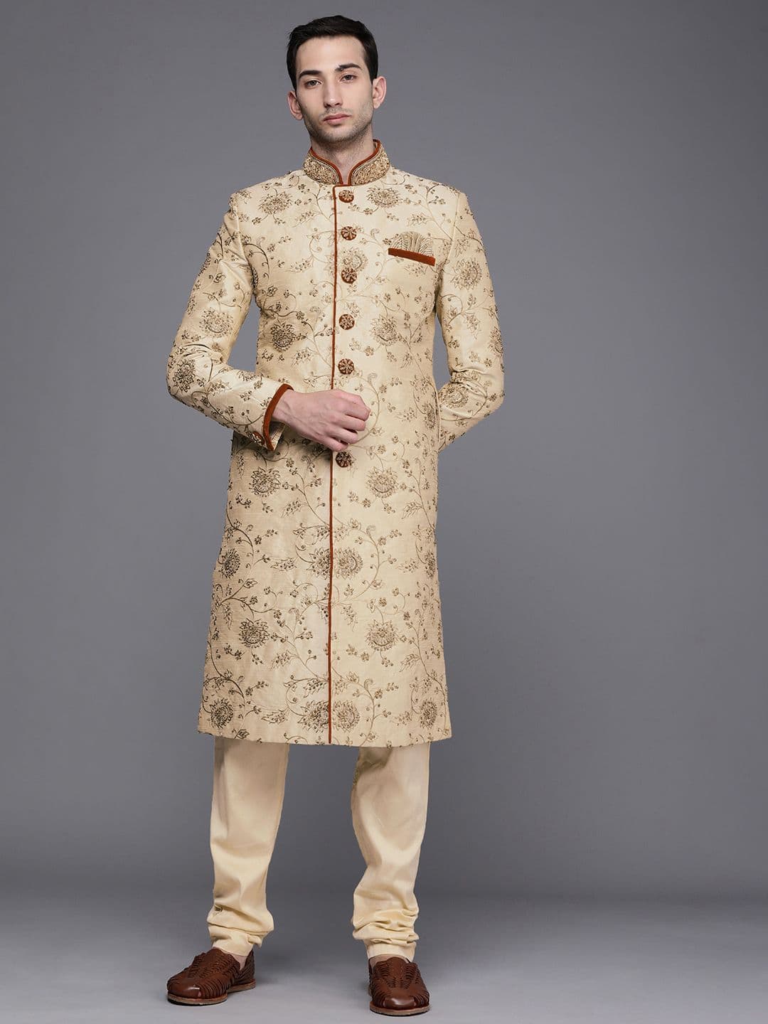 Manyavar Men Beige Floral Embroidered Sherwani and Churidar Set - view 1