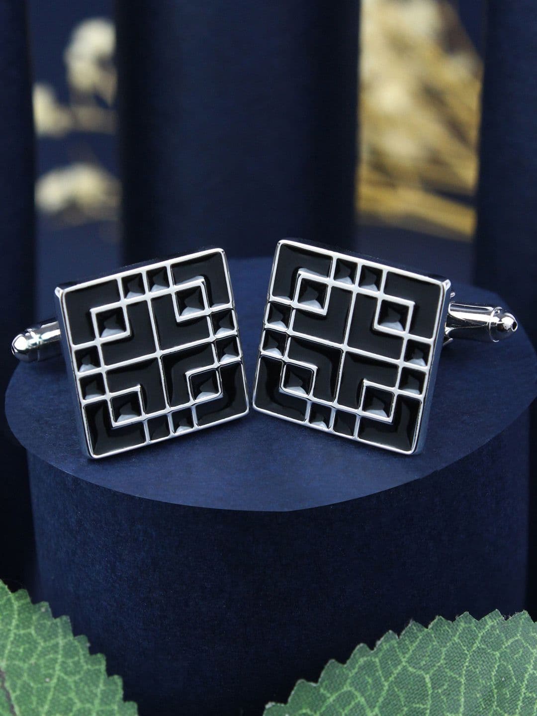 PELUCHE Men Black & Silver-Toned Geometric Cufflink - view 1