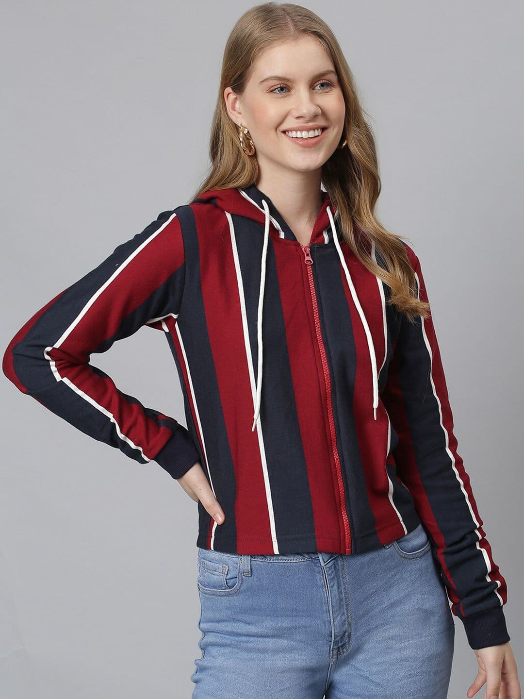 PINACOLADA Women Maroon Striped Hooded Sweatshirt - view 1
