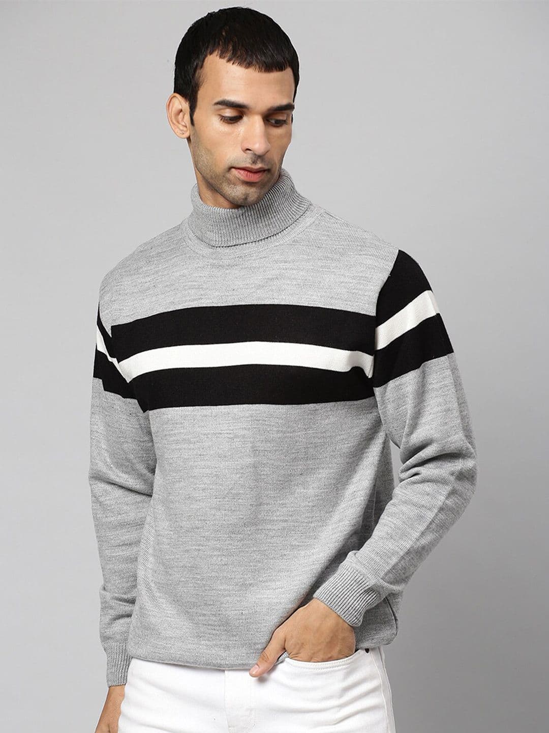 CAHOOT Men Grey Melange & Black Striped Pullover - view 1