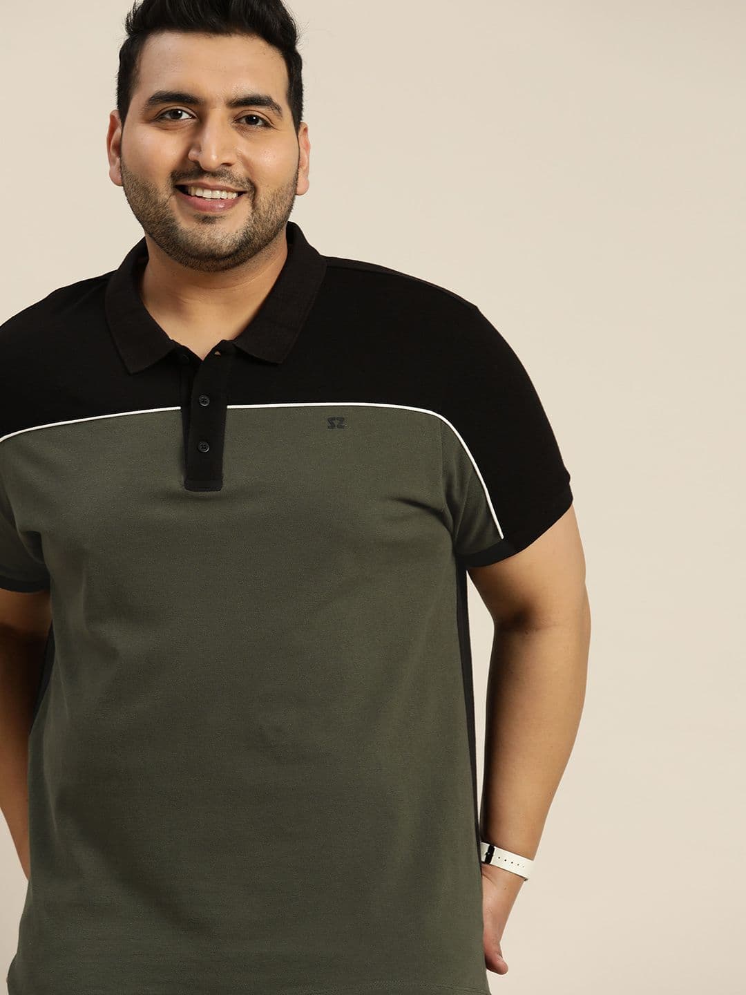 Sztori Men Plus Size Olive Green & Black Colourblocked Polo Collar Pure Cotton T-shirt - view 1