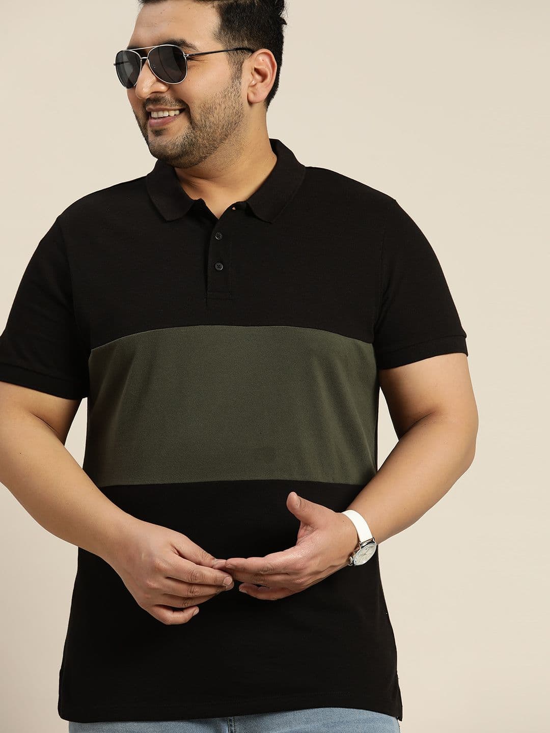 Sztori Men Plus Size Black & Olive Green Colourblocked Polo Collar Pure Cotton T-shirt - view 1