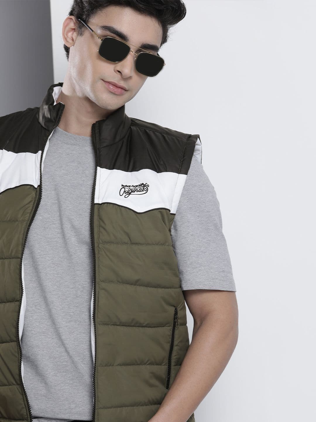 The Indian Garage Co Men Olive Green & White Striped Padded Jacket - view 1