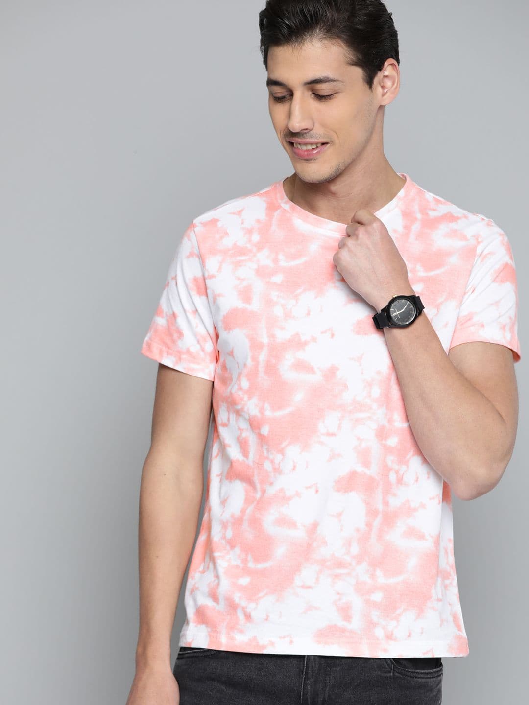 Mast & Harbour Men White & Pink Tie and Dyed Cotton T-shirt - view 1