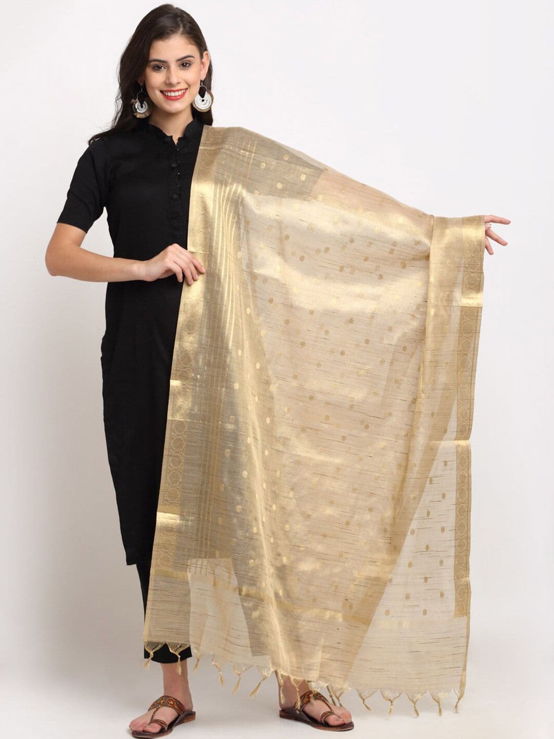 LOOM LEGACY Gold-Toned Ethnic Motifs Banarasi Jacquard Dupatta - view 1