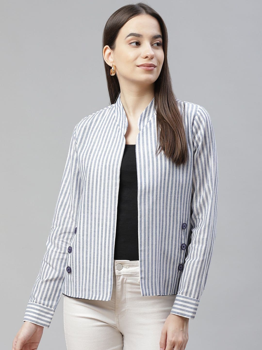 Cottinfab Women White & Blue Striped Lightweight Open Front Jacket - view 1
