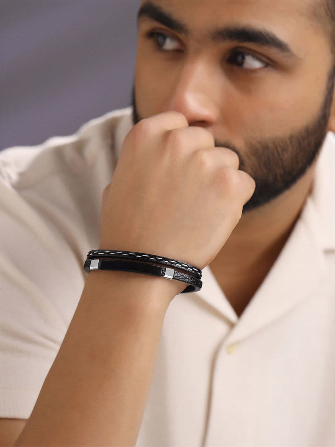 Yellow Chimes Men Black & Silver-Toned Stainless Steel Wrist Leather Wraparound Bracelet - view 1
