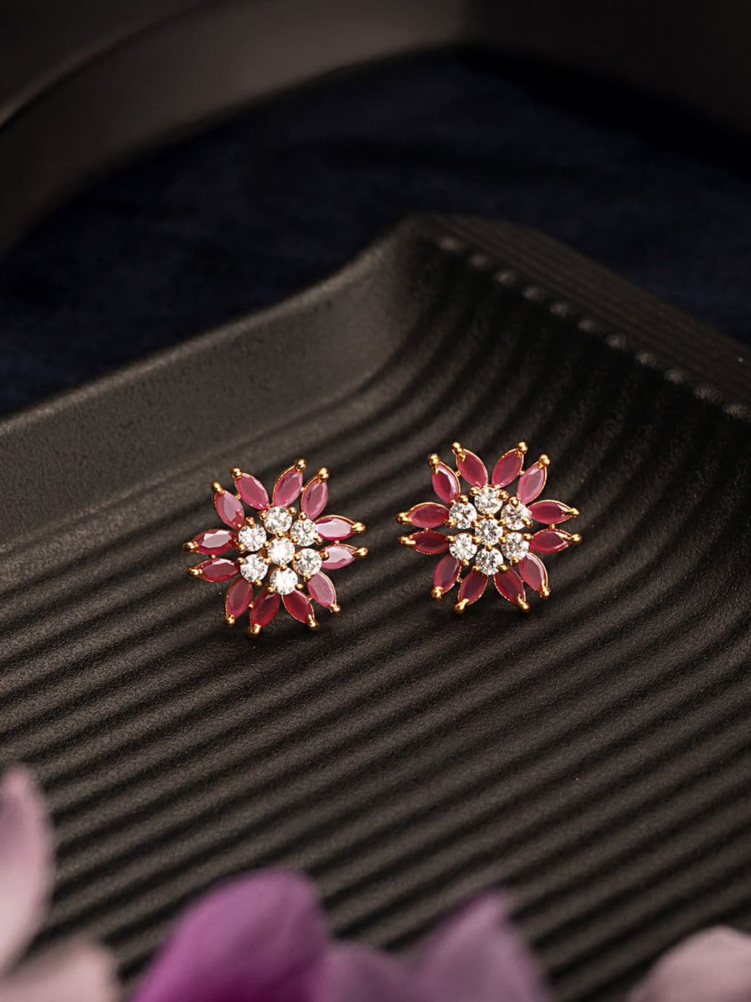 Saraf RS Jewellery Gold Plated Magenta Studs Earrings - view 1